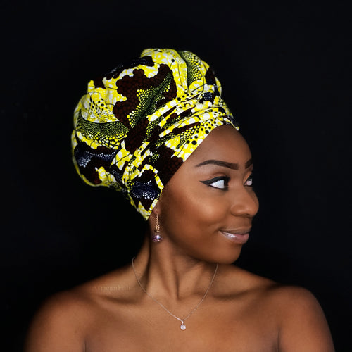 Easy headwrap / hoofddoek - Satijnen binnenkant - Gele bloom