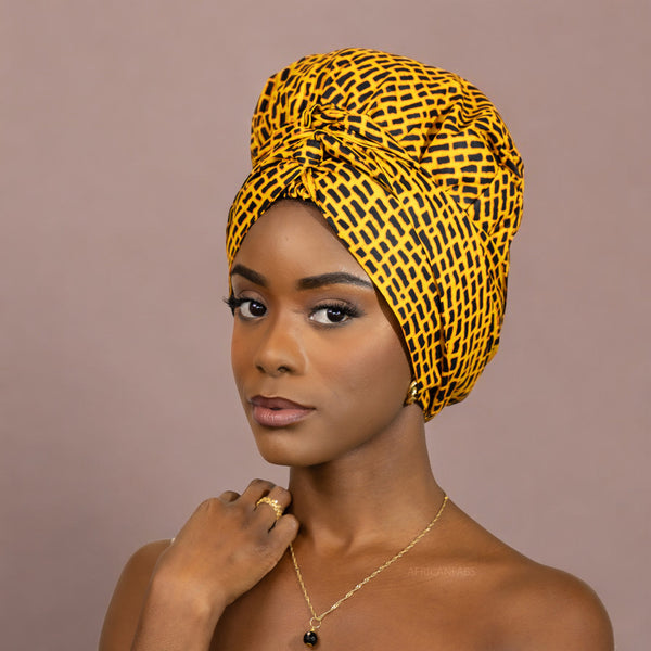 Easy headwrap / hoofddoek - Satijnen binnenkant - Donkergeel