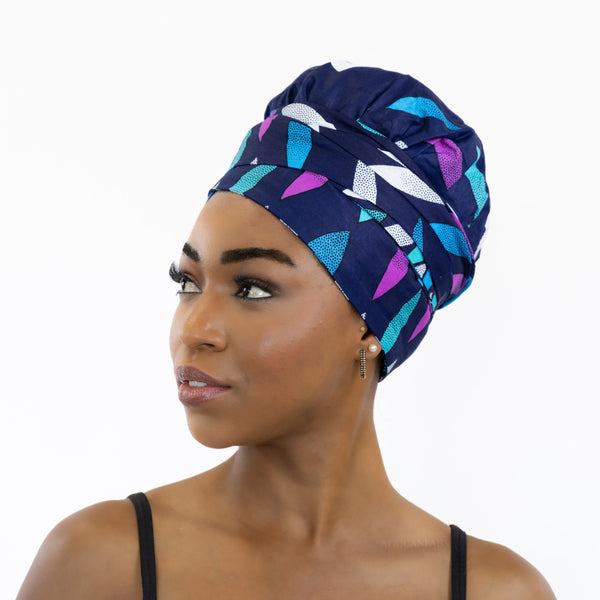 Easy headwrap / hoofddoek - Satijnen binnenkant - Blauw / roze sunburst