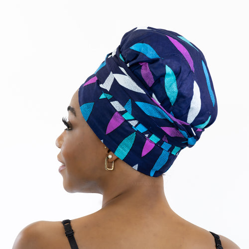 Easy headwrap / hoofddoek - Satijnen binnenkant - Blauw / roze sunburst