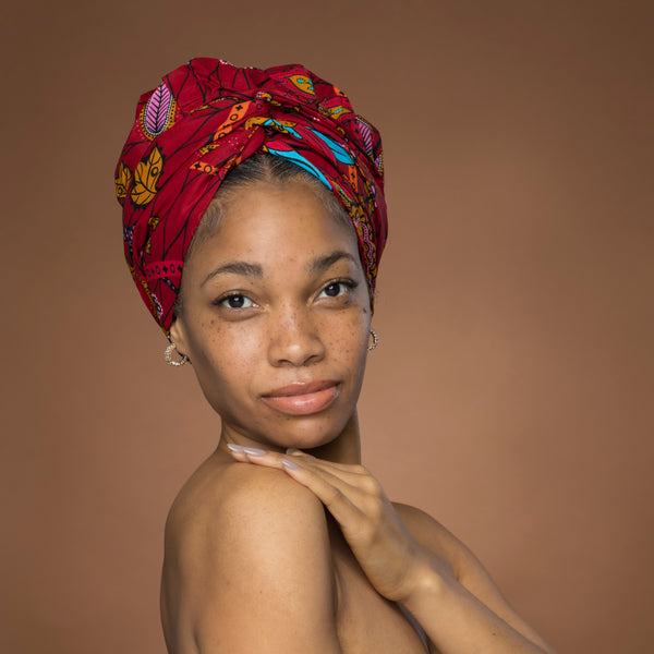 Easy headwrap / hoofddoek - Satijnen binnenkant - Donkerrood & Geel Botanical Flow