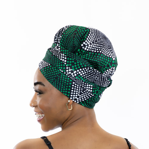 Easy headwrap / hoofddoek - Satijnen binnenkant - Groene Diamonds