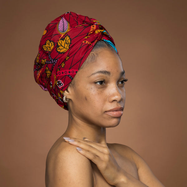 Easy headwrap / hoofddoek - Satijnen binnenkant - Donkerrood & Geel Botanical Flow