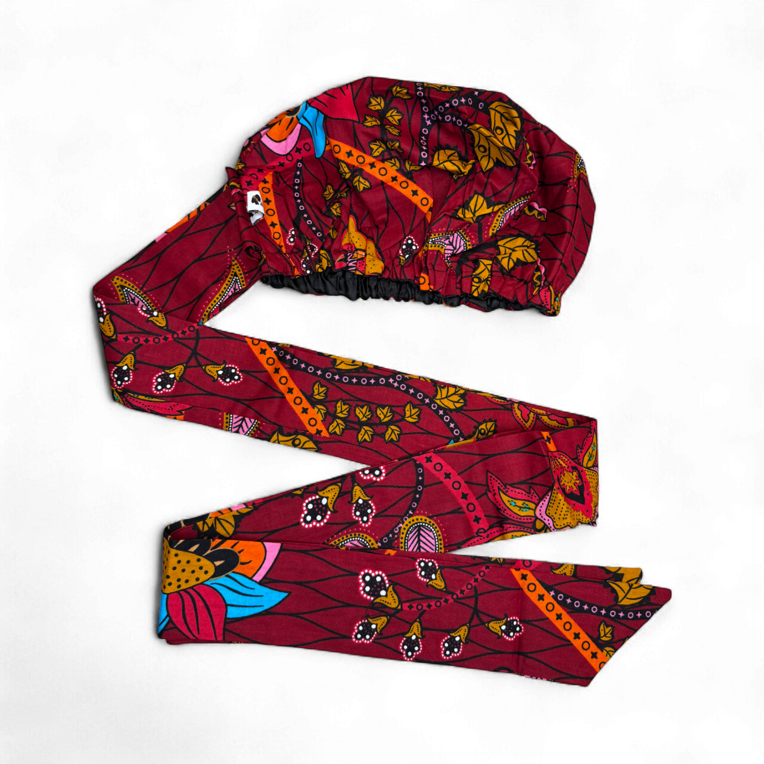 Easy headwrap / hoofddoek - Satijnen binnenkant - Donkerrood & Geel Botanical Flow