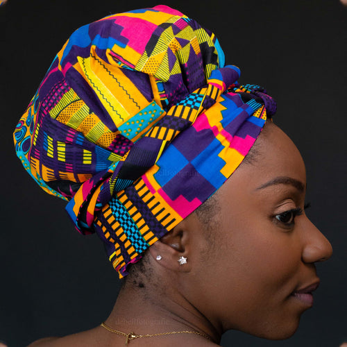 Easy headwrap / hoofddoek - Satijnen binnenkant - Multicolor kente / paars