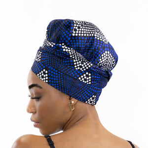 Easy headwrap / hoofddoek - Satijnen binnenkant - Blauwe Diamonds