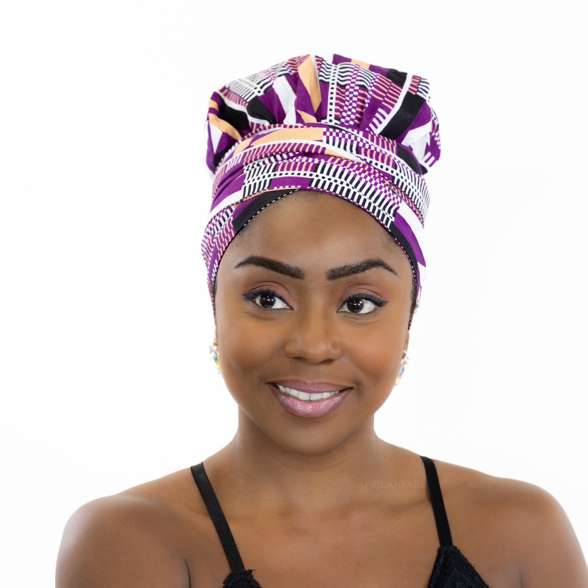 Easy headwrap / hoofddoek - Satijnen binnenkant - Paarse kente