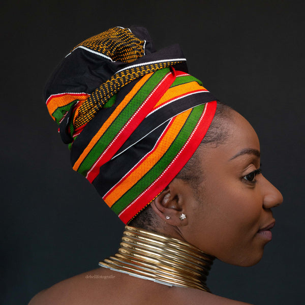 Easy headwrap / hoofddoek - Satijnen binnenkant - Pan Africa / zwart