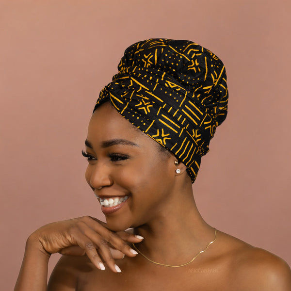 Easy headwrap / hoofddoek - Satijnen binnenkant - Zwart / Gele Bogolan