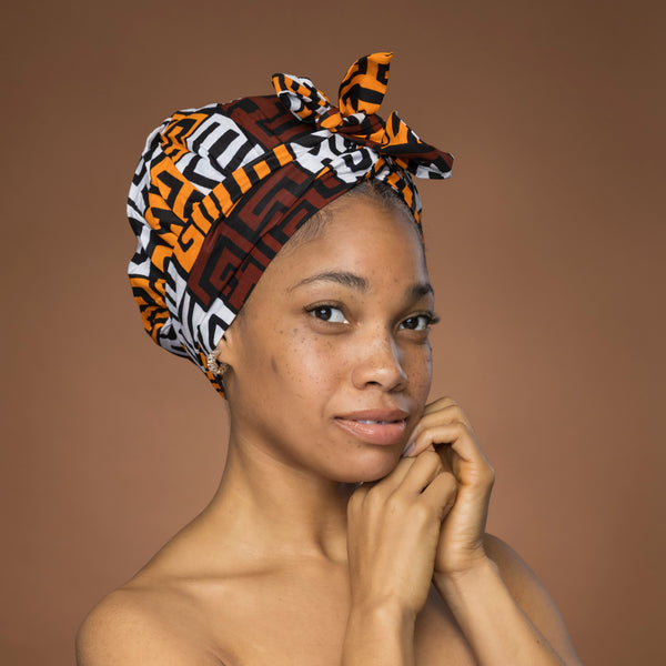 Easy headwrap / hoofddoek - Bruin & Geeloranje Kuba Blokken