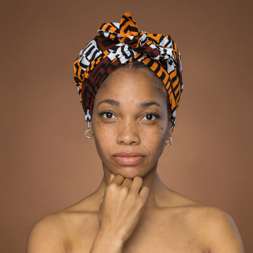 Easy headwrap / hoofddoek - Bruin & Geeloranje Kuba Blokken