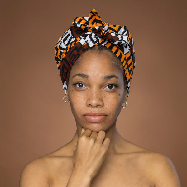 Easy headwrap / hoofddoek - Bruin & Geeloranje Kuba Blokken