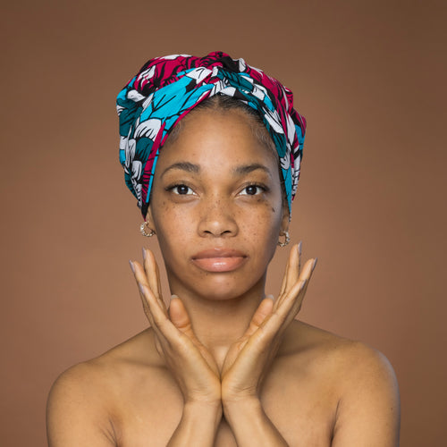 Easy headwrap / hoofddoek - Roze & Teal Bloemen