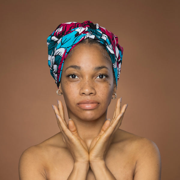 Easy headwrap / hoofddoek - Roze & Teal Bloemen