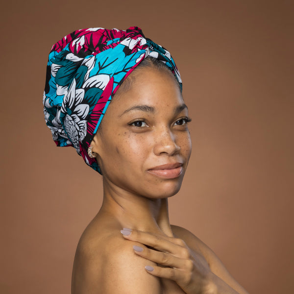 Easy headwrap / hoofddoek - Roze & Teal Bloemen