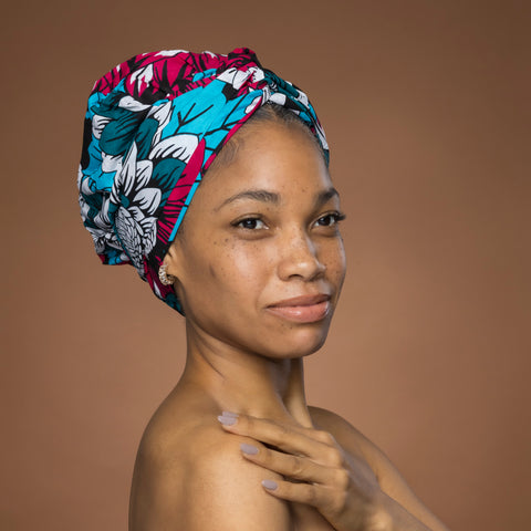 Easy headwrap / hoofddoek - Roze & Teal Bloemen
