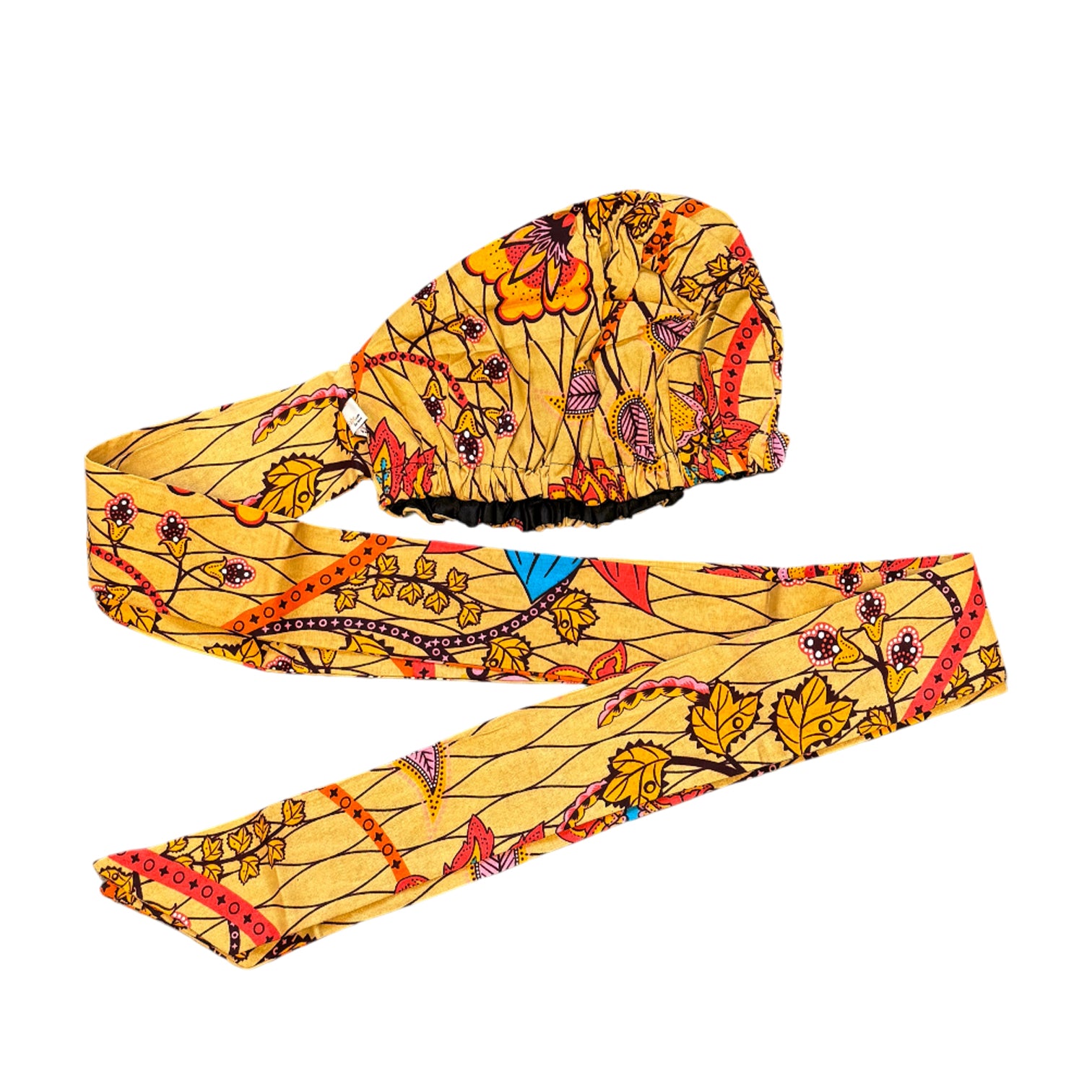 Easy headwrap / hoofddoek - Satijnen binnenkant - Beige & Oranje Botanical Flow