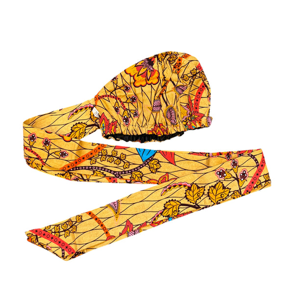 Easy headwrap / hoofddoek - Satijnen binnenkant - Beige & Oranje Botanical Flow