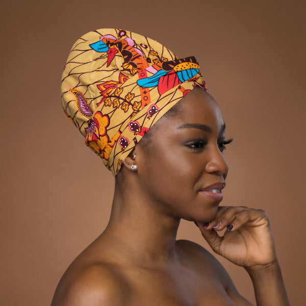 Easy headwrap / hoofddoek - Satijnen binnenkant - Beige & Oranje Botanical Flow