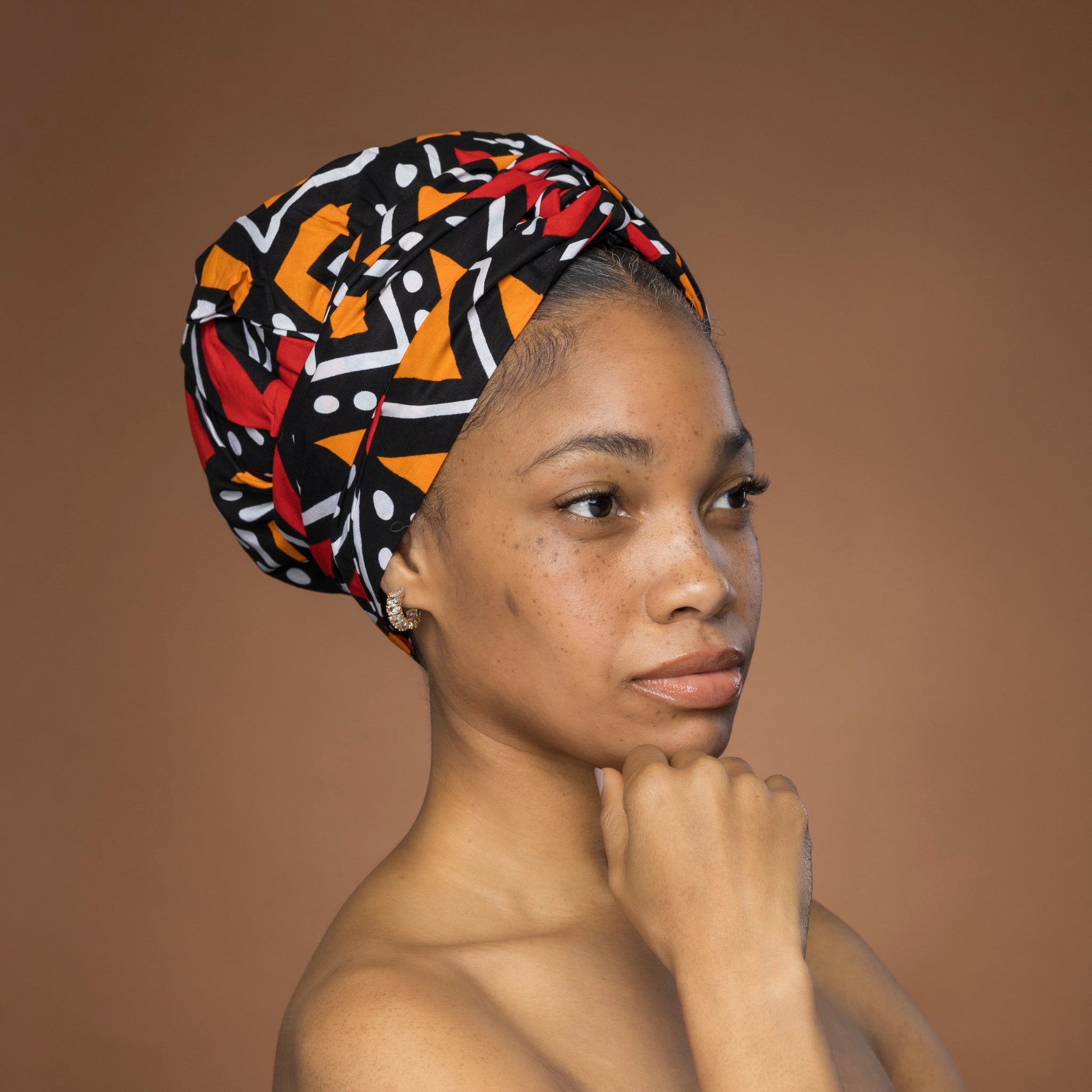Easy headwrap / hoofddoek - Rood en oranje Bogolan 
