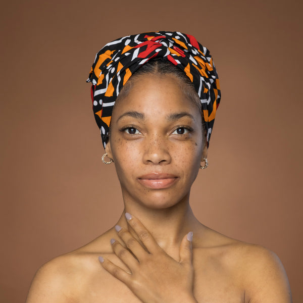 Easy headwrap / hoofddoek - Rood en oranje Bogolan 