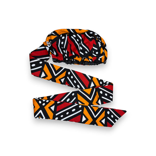 Easy headwrap / hoofddoek - Rood en oranje Bogolan 