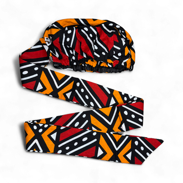 Easy headwrap / hoofddoek - Rood en oranje Bogolan 
