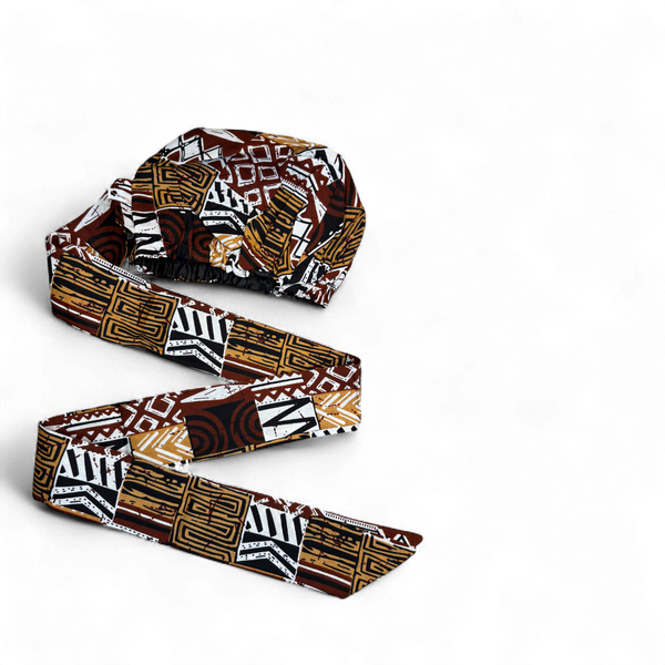 Easy headwrap / hoofddoek - Bruin Bogolan Mozaïek