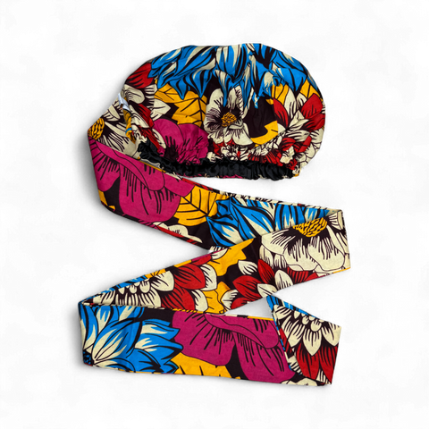 Easy headwrap / hoofddoek - Rood & Blauw Bloemen