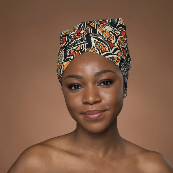 Easy headwrap / hoofddoek - Rood & Oranje Bogolan Symbolen