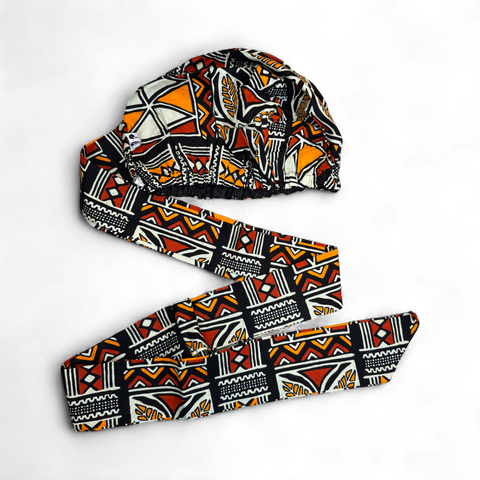 Easy headwrap / hoofddoek - Rood & Oranje Bogolan Symbolen