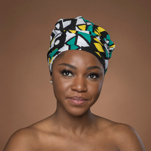 Easy headwrap / hoofddoek - Turquoise Geel Samakaka / Samacaca