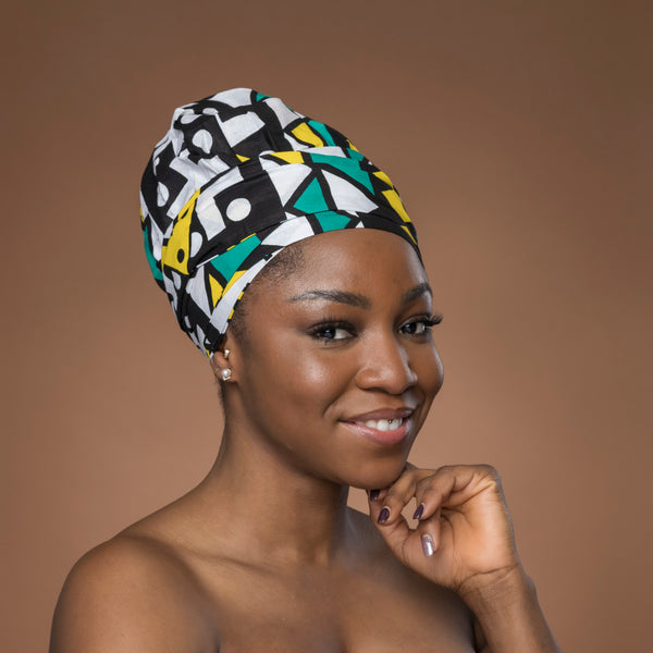 Easy headwrap / hoofddoek - Turquoise Geel Samakaka / Samacaca