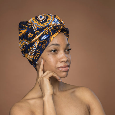Easy headwrap / hoofddoek - Satijnen binnenkant - Blauw Geel Paisley