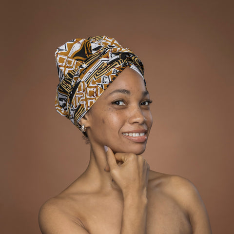 Easy headwrap / hoofddoek - Satijnen binnenkant - Khaki Bogolan Mosaic