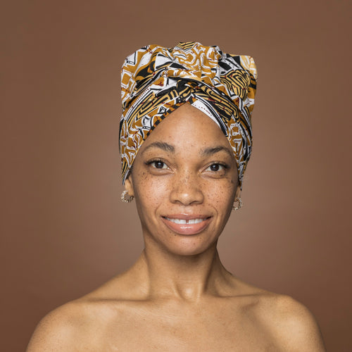 Easy headwrap / hoofddoek - Satijnen binnenkant - Khaki Bogolan Mosaic