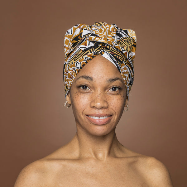 Easy headwrap / hoofddoek - Satijnen binnenkant - Khaki Bogolan Mosaic
