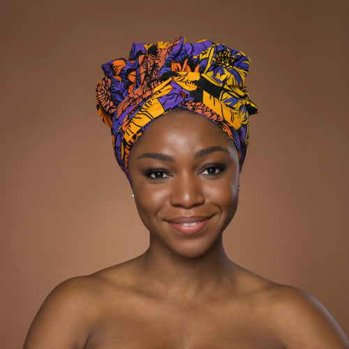 Easy headwrap / hoofddoek - Satijnen binnenkant - Geel & Paars Bloemen