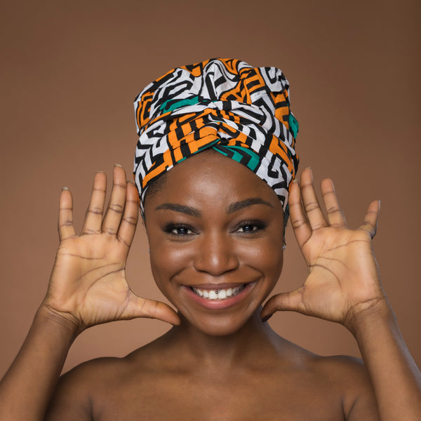 Easy headwrap / hoofddoek - Satijnen binnenkant - Petrol Geel Kuba Blocks Congo