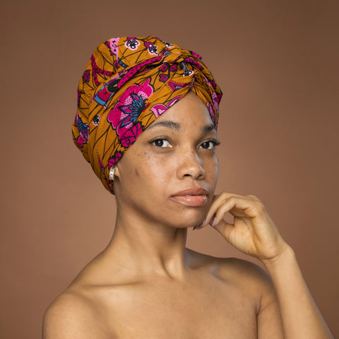 Easy headwrap / hoofddoek - Satijnen binnenkant - Mosterd & Roze