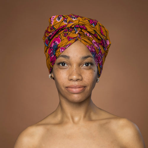 Easy headwrap / hoofddoek - Satijnen binnenkant - Mosterd & Roze