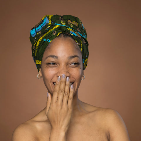 Easy headwrap / hoofddoek - Satijnen binnenkant - Groen Botanical Flow