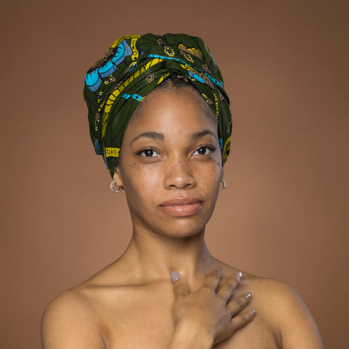 Easy headwrap / hoofddoek - Satijnen binnenkant - Groen Botanical Flow