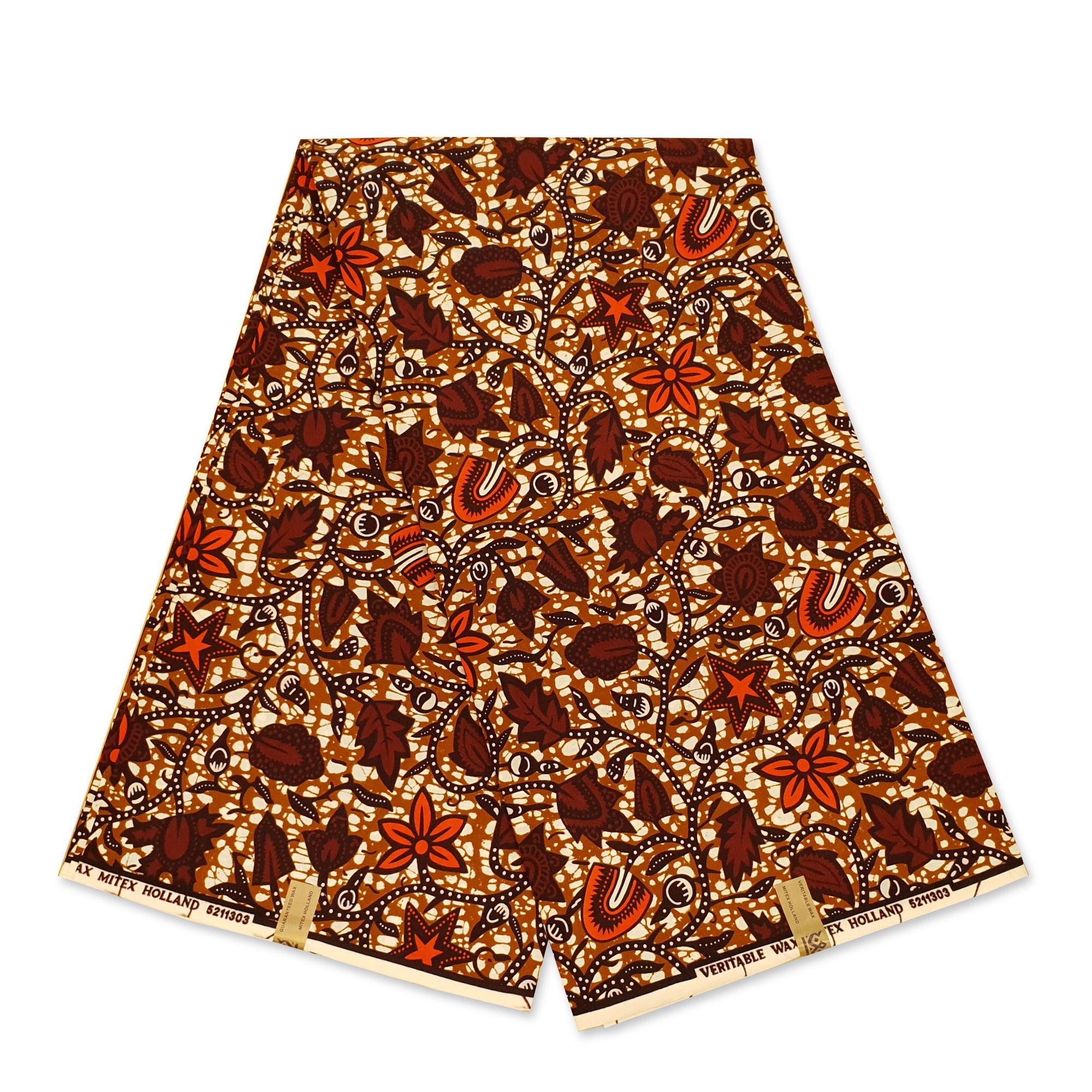 African Wax print fabric - Brown and Orange Ancient Leaf Whirl - 100% cotton