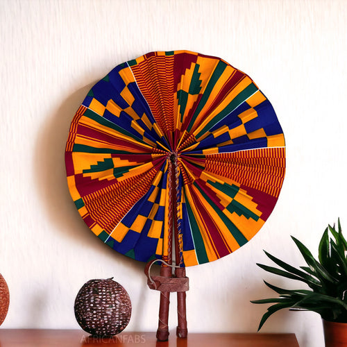 Afrikaanse handwaaier - Ankara print waaier - Afua - Blauw / oranje kente