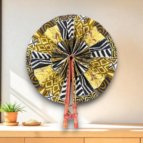 Afrikaanse handwaaier - Ankara print waaier - Yao - Geel Bogolan