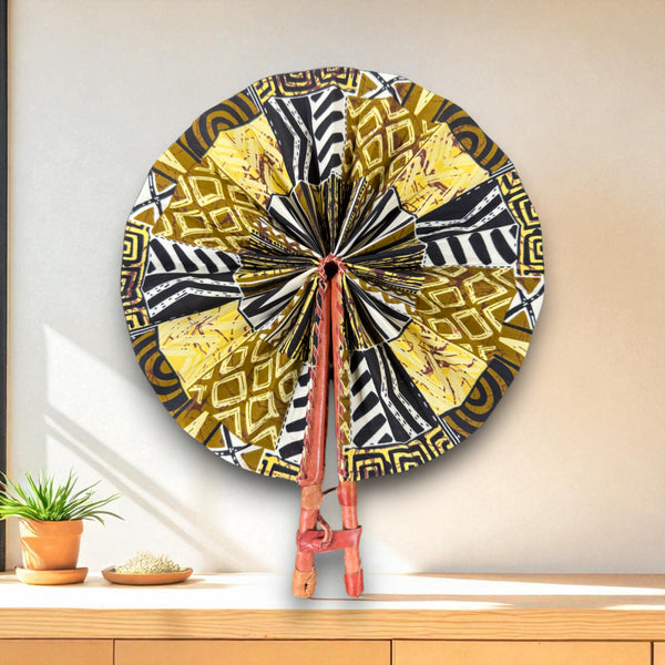Afrikaanse handwaaier - Ankara print waaier - Yao - Geel Bogolan