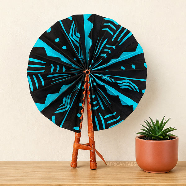 African Hand fan - Ankara print Hand fan - Black Turquoise Nyamekye