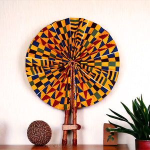 Afrikaanse handwaaier - Ankara print waaier - Osei - Geel kente