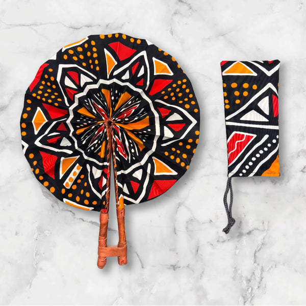 Afrikaanse handwaaier - Ankara print waaier - Zwart Rood Yaw